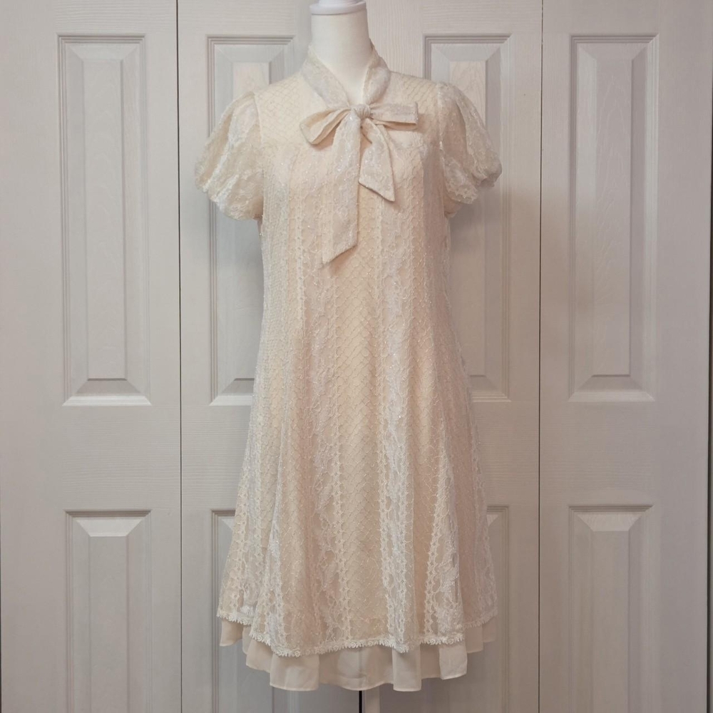 Elegant Coquette Japanese Cream Peach Beige Lace Puff Sleeve Midi Dress with Bow